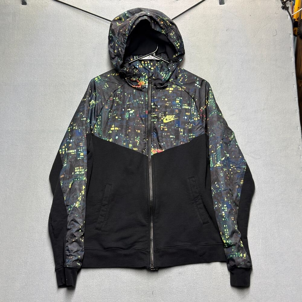 Nike Windrunner Full Zip Hoodie Jacket Men's Large Black City Lights Graphic Hoo